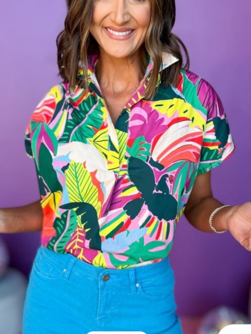 Karlie Multicolor Tropical Print Short Sleeve Button-Up Blouse